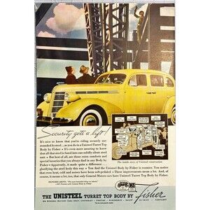 General Motors & Body by Fisher "Security Gets a Lift" Vintage Print Ad 1937